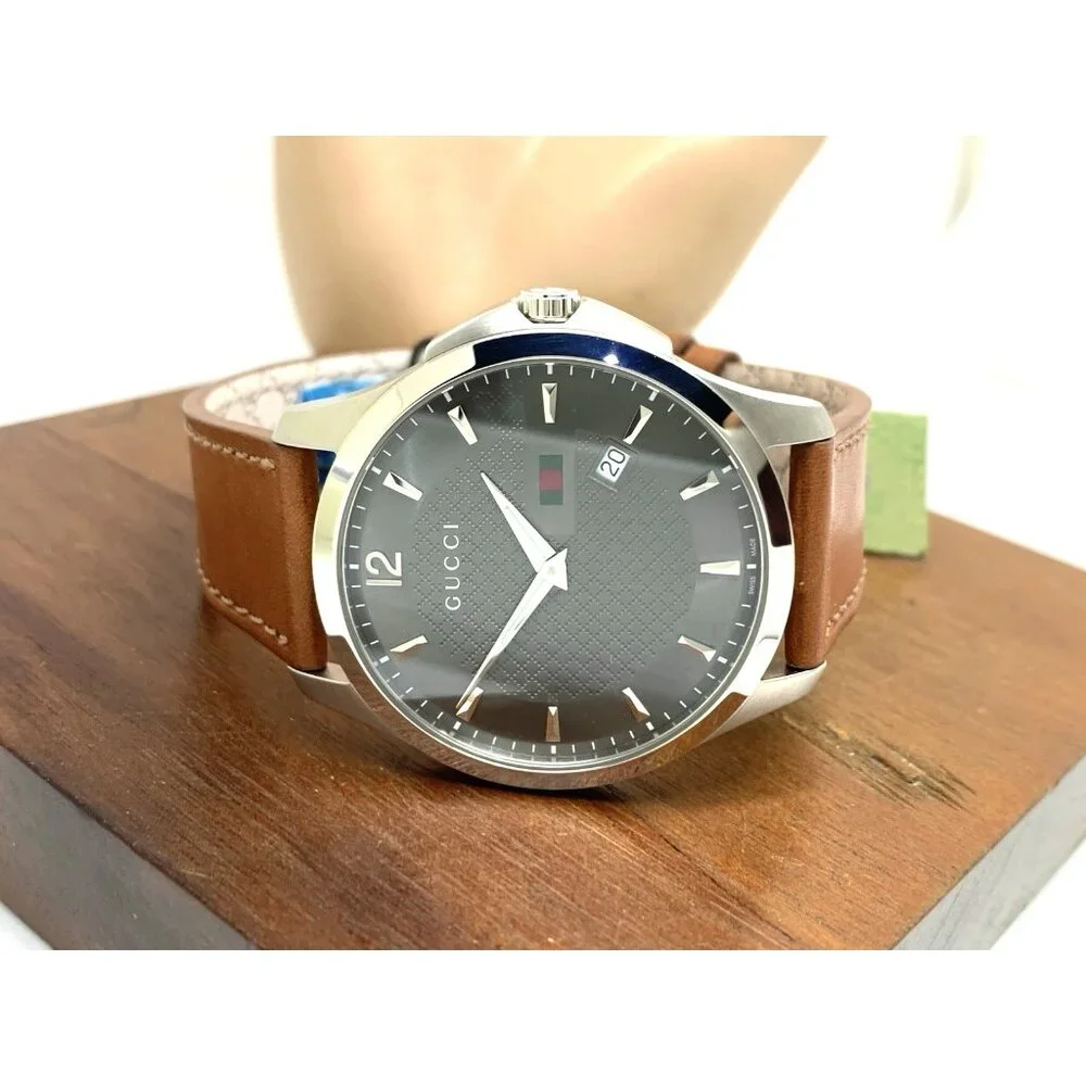 Gucci Men's Watch YA126302 G-Timeless Swiss Quartz Gray Dial Brown Leather 40mm